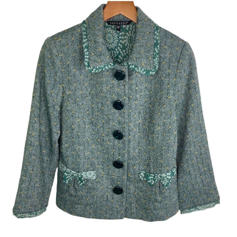 Bernardo Wool Blend Green collared floral trim button short blazer jacket size 4